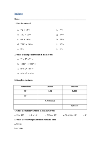 indices powers worksheet with answer key year 8 teaching resources