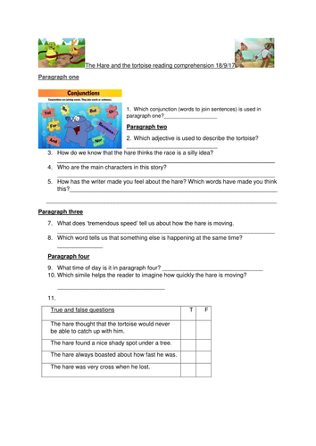 The Hare and the Tortoise Yr 4 and 5 reading comprehension | Teaching ...