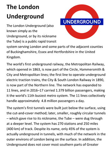London Underground Handout | Teaching Resources