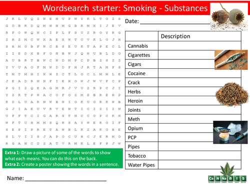 Smoking Substances PHSE Keyword Starters Wordsearch Crossword Homework