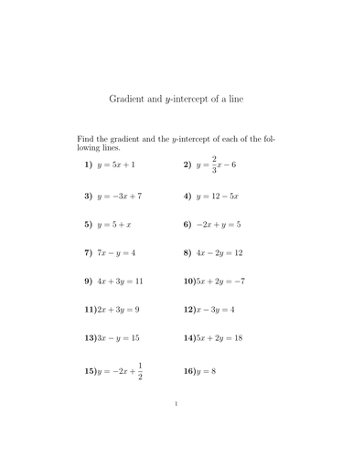 Gradient and y-intercept of a line worksheet (with solutions ...