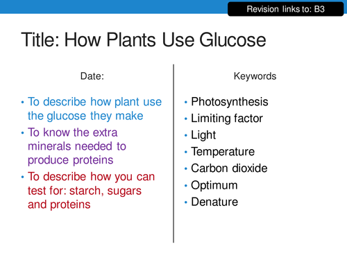 New 9-1 GCSE AQA Biology B8 How Plants Use Glucose | Teaching Resources