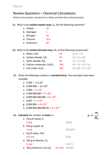 Mole Calculations (n=m/Mr), Very Structured for GCSE Dual Award ...