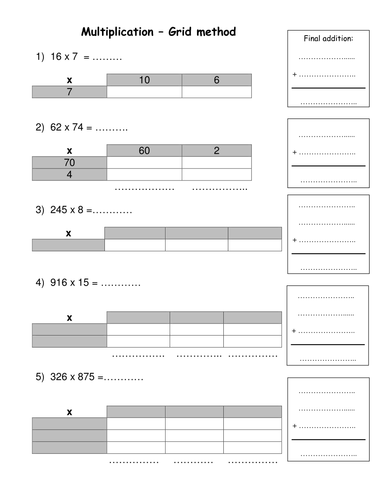 Grid method multiplication worksheet year 6 image