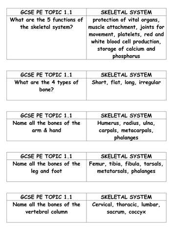 GCSE PE (Edexcel New Spec 2016) Topic 1 (Skeletal system & Joints/Movement) Revision cards