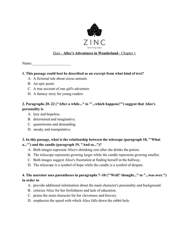 Alice S Adventures Teaching Homework Resources Chapter 1 Vocab List Comprehension Quiz Teaching Resources