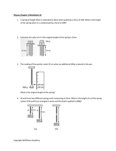 Springs, Hooke's Law and Elastic Potential Energy Worksheets and