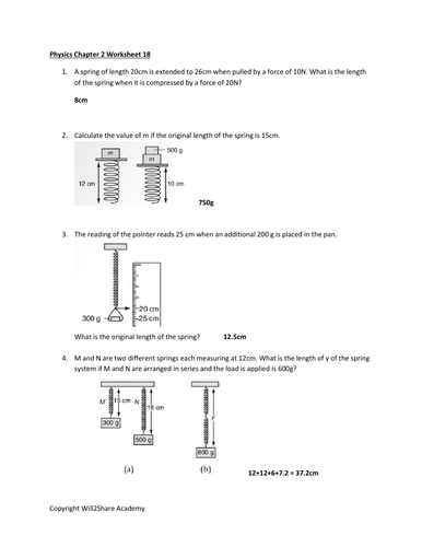 Springs, Hooke's Law and Elastic Potential Energy Worksheets and