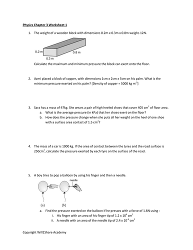 Density, Solid and Liquid Pressure Worksheets and Answers | Teaching