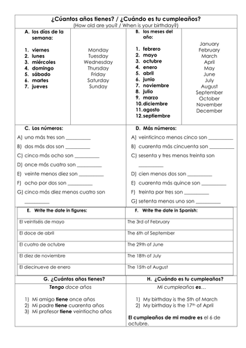 Spanish KS3 days of the week months numbers age and birthday _ repaso resource