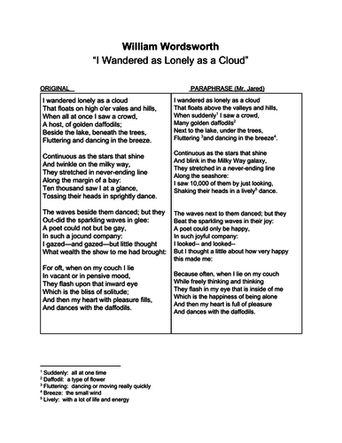 William Wordsworth For Esl Learners I Wandered As Lonely As A Cloud Teaching Resources