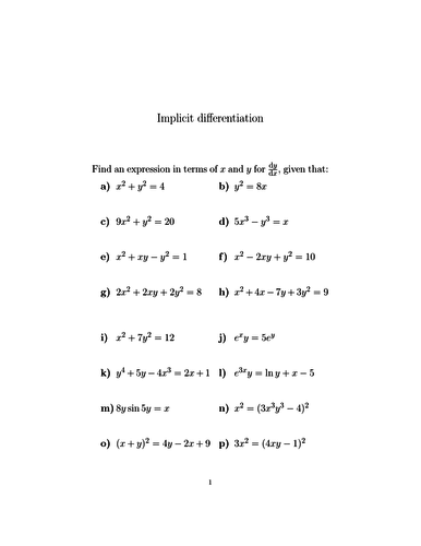 Implicit Differentiation Worksheet With Detailed Solutions Teaching Resources 6306