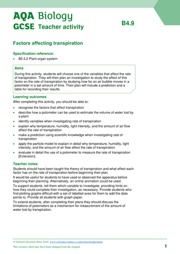 New 9-1 GCSE AQA Biology B4 Factors Affecting Transpiration | Teaching ...