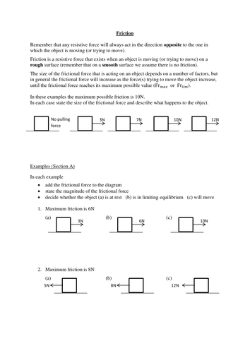 Friction - worksheet to teach the topic of friction for Mechanics 1