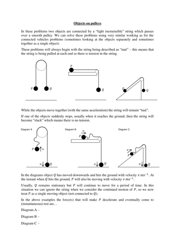 Objects on pulleys - worksheet with over 40 examination-style questions