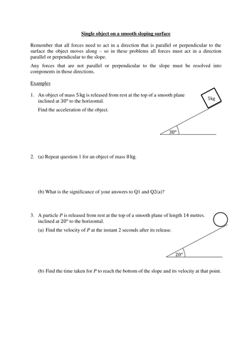 Motion of objects on slopes - worksheets with over 100 examination-style questions  (Mechanics 1)