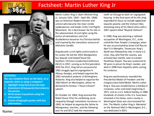 Martin Luther King Jr Factsheet Worksheet Keyword Starter Settler ...