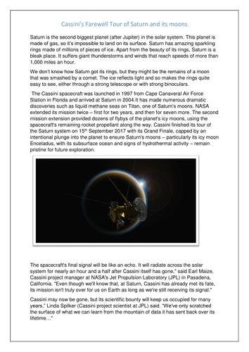 space week Saturn and Cassini mission comprehension and descriptive ...