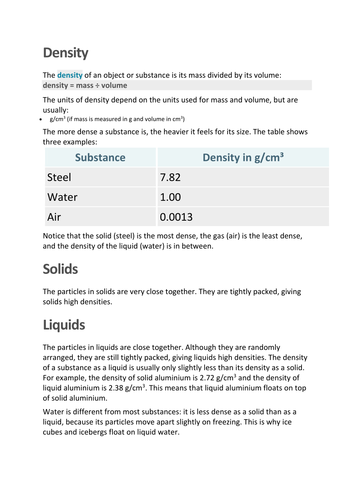 density comprehension worksheet