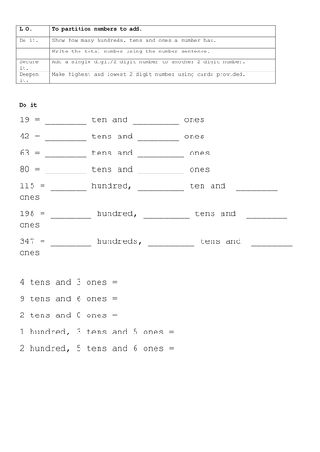 partitioning numbers worksheet teaching resources