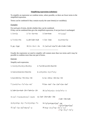 simplifying expressions worksheet teaching resources