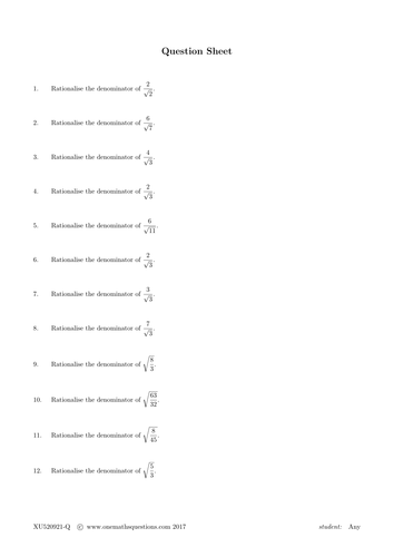 Surd Rationalising Denominator Worksheet Teaching Resources