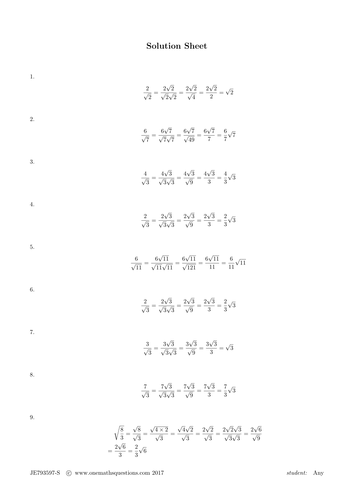 Surd Rationalising Denominator Worksheet Teaching Resources