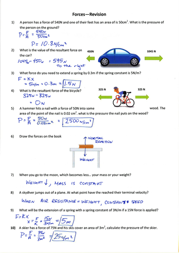 ks3 forces revision questions and marksheme teaching
