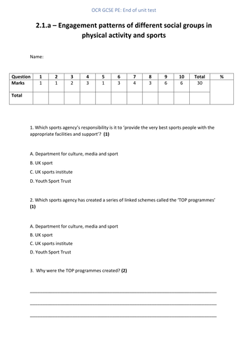 OCR GCSE PE 2016 - 2.1.a - engagement patterns of different social groups EOU test and mark scheme