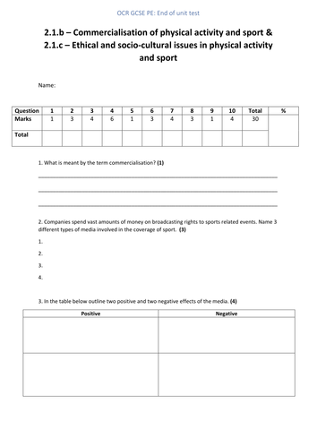 OCR GCSE PE 2016 - 2.1.b - Commercialisation & 2.1.c - Ethical and socio cultural issues EOU test