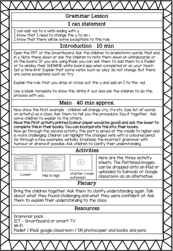 Grammar Whole Lesson - changing a verb ending in 'y' and adding 'ed