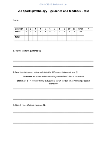OCR GCSE PE 2016 - Sports pyschology: Guidance and feedback EOU test ...