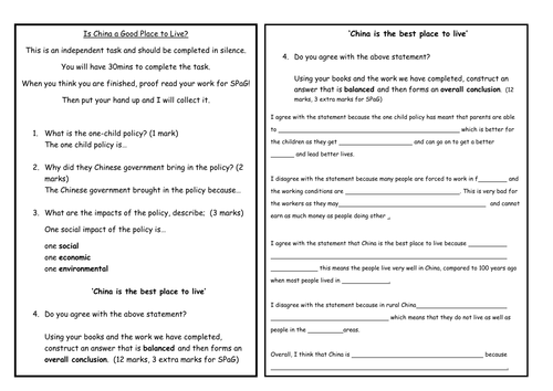 China topic Assessment- Is China a good place to live? Extended writing- Writing frame included!