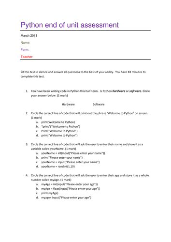 Python Assessment | Teaching Resources