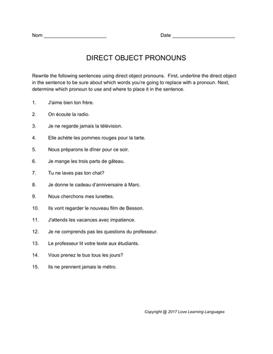 Gcse French French Direct Object Pronouns Worksheet Complément Dobjet Direct Teaching 8187