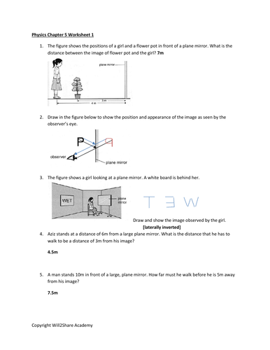 Light : Mirrors, Reflection, Refraction and Refractive Index Worksheets