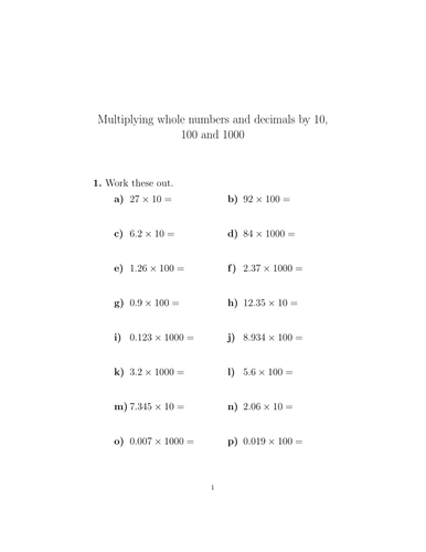multiplying whole numbers and decimals by 10 100 and 1000 worksheet