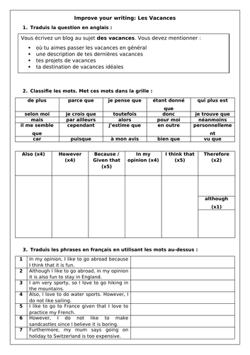 French GCSE Holidays Writing Scaffold & Model answer: les vacances with ...