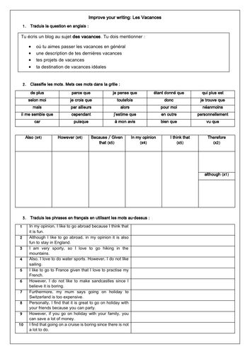 French GCSE Holidays Writing Scaffold & Model answer: les vacances with Grade 8/9 Structures