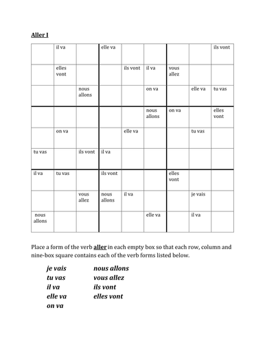 Aller French Verb Present Tense Sudoku