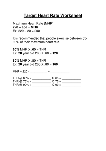 Target Heart Rate Worksheets For Middle School Printables