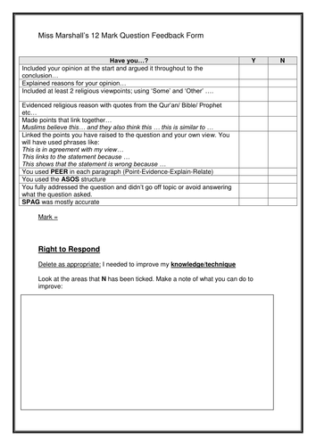 AQA Religious Studies A (9-1) 12 Mark Question Marking feedback form