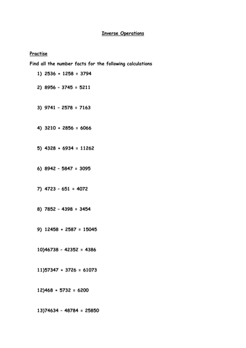 inverse operation worksheets teaching resources