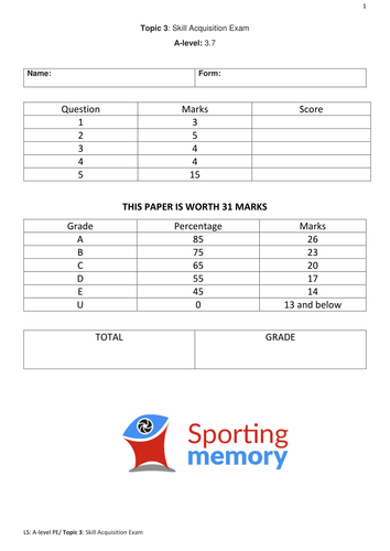 A-level PE EDEXCEL (New Spec 2016) Topic 3 Skill Acquisition Exam