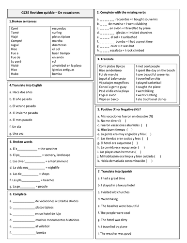 GCSE Spanish revision quickies (2018) - 8 quickies on health and holidays