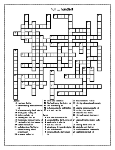 Zahlen Numbers In German 0 To 100 Crossword Teaching Resources