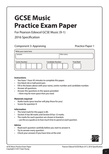 Practice Exam Paper 1 For Pearson Edexcel Gcse Music 2016 Specification Teaching Resources