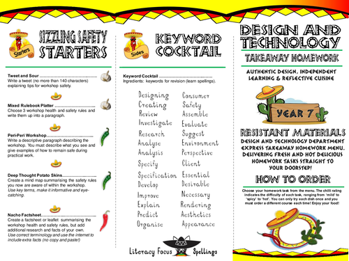 Takeaway Homework for Resistant Materials KS3 D&T