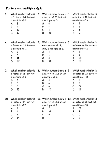 Multiples And Factors Worksheets 