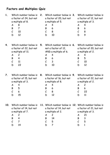 Factors And Multiples Worksheet Year 6
